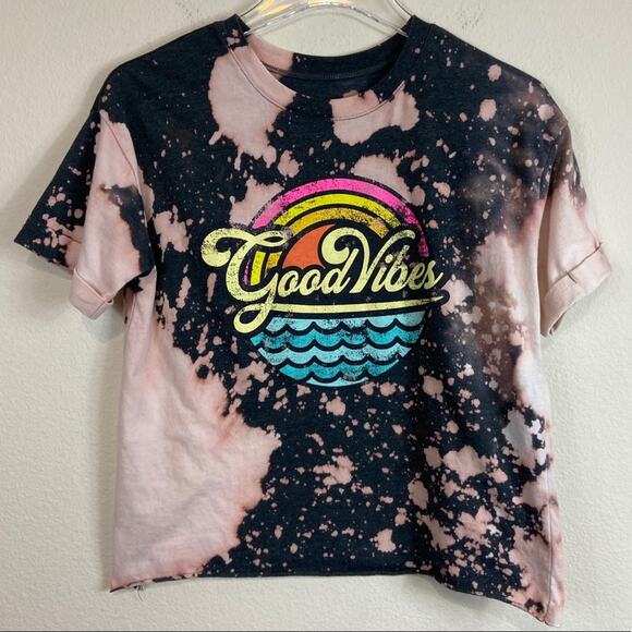 Custom Bleached Good Vibes Cropped Tee Sz S - Picture 1 of 5